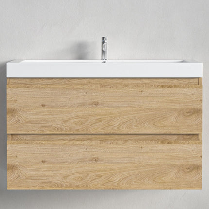 Meuble de salle de bain suspendu design épuré avec vasque intégrée - Blanc et chêne - 80 cm - Monaco