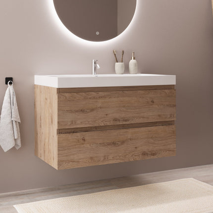 Meuble de salle de bain suspendu design épuré avec vasque intégrée - Blanc et chêne - 80 cm - Monaco
