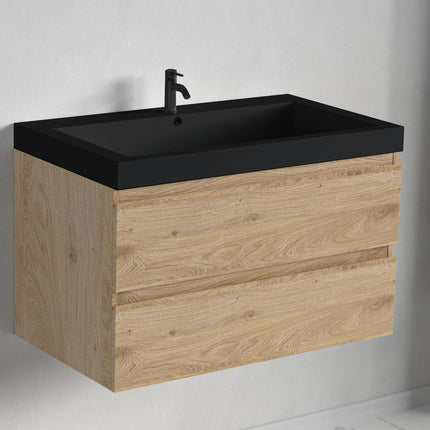 Meuble suspendu avec vasque noire - Chêne - 80 cm - MONACO Lumière