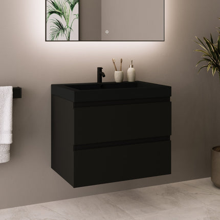 Meuble de salle de bains suspendu mat noir avec vasque noire - 60 cm - Monaco