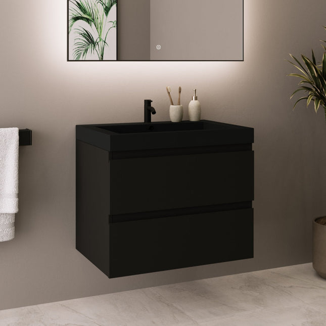 Meuble de salle de bains suspendu mat noir avec vasque noire - 60 cm - Monaco