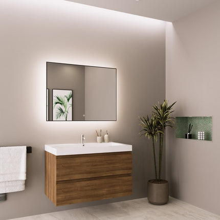 Meuble de salle de bain suspendu design avec vasque blanche intégrée - Warm Eiken - 80 cm - Monaco