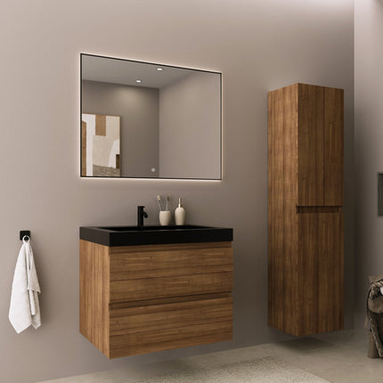Meuble de salle de bain suspendu finition Warm Eiken avec vasque lavabo noir - 60 cm - Monaco