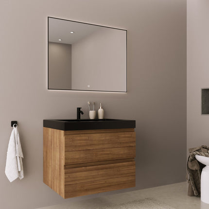 Meuble de salle de bain suspendu finition Warm Eiken avec vasque lavabo noir - 60 cm - Monaco