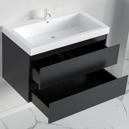 Meuble de salle de bain suspendu design contemporain avec vasque blanche intégrée - chêne noir - 80 cm - Monaco
