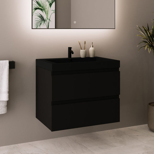 Meuble de salle de bains suspendu avec vasque intégrée - chêne noir et noir - 60 cm - Monaco