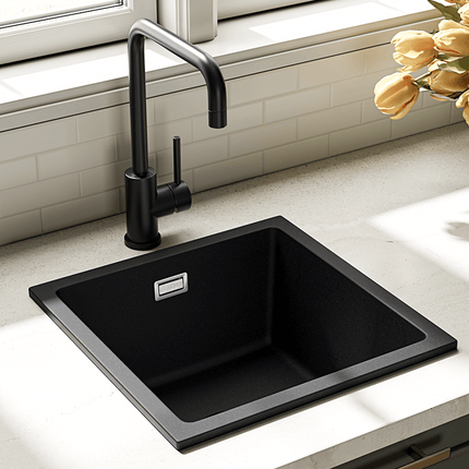 Évier en granit robuste avec siphon 2-en-1 - 40x40 cm - Pedri