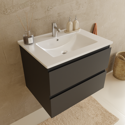 Ensemble meuble suspendu design avec vasque blanche - Noir mat - 60 cm - Verona