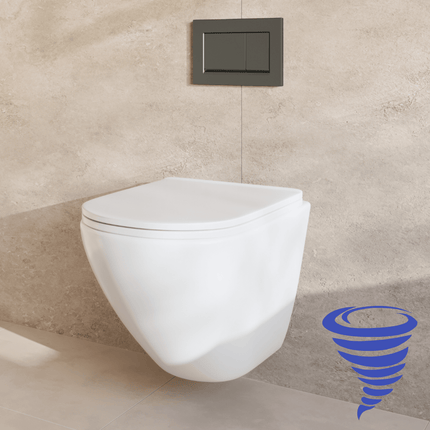 Toilette suspendue ronde avec réservoir encastré - Blanc - Plaque carrée gunmetal - Linea