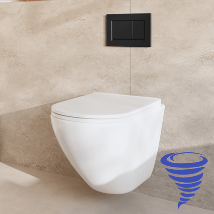 WC suspendu sans bride avec réservoir encastré - blanc - plaque carrée noire - Linea