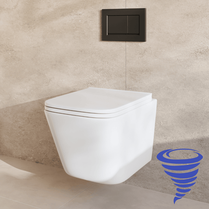 Toilette suspendue sans bride avec réservoir encastré - Blanc - Plaque de commande carrée noire - Linea
