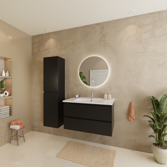 Meuble de salle de bain suspendu design contemporain avec vasque blanche marbre minéral - Noir mat - 80 cm - Verona