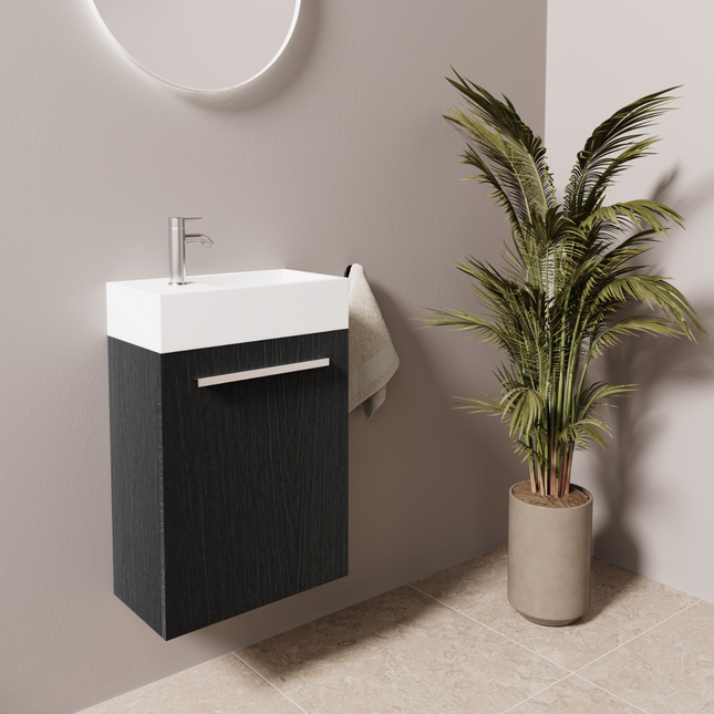 Meuble WC suspendu style contemporain avec vasque blanche intégrée - Chêne noir - 40 cm - Bombay
