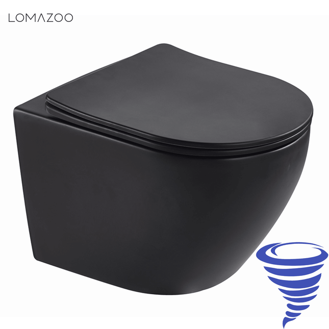 Toilette suspendue rimless avec abattant softclose quick release - Noir - LINEA